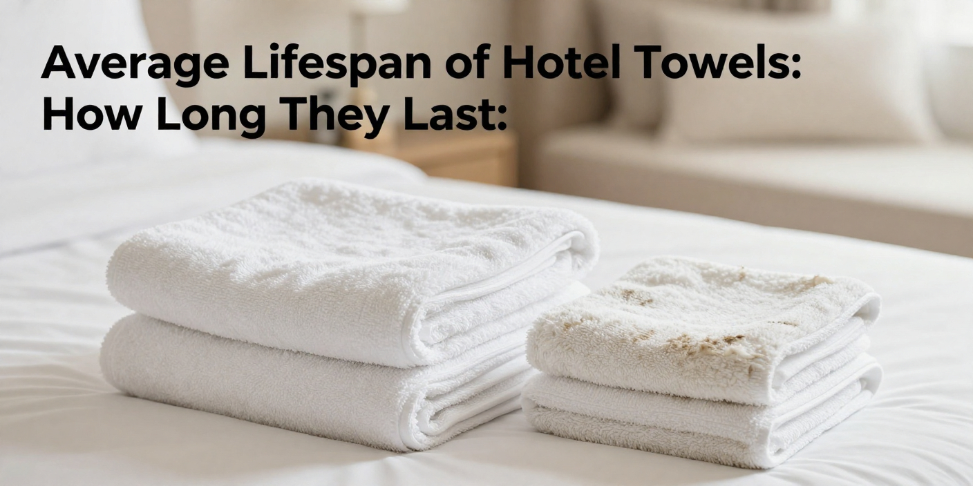 White hotel towels stacked on a bed showing new and slightly worn textures to illustrate hotel towels lifespan and durability.
