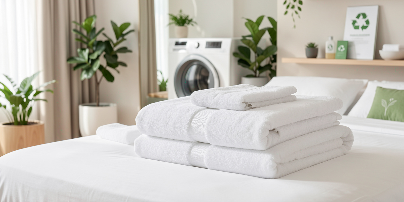 Eco hotel linen with neatly folded organic cotton towels and bed sheets in a bright hotel setting representing sustainable hotel textiles and green hospitality practices.