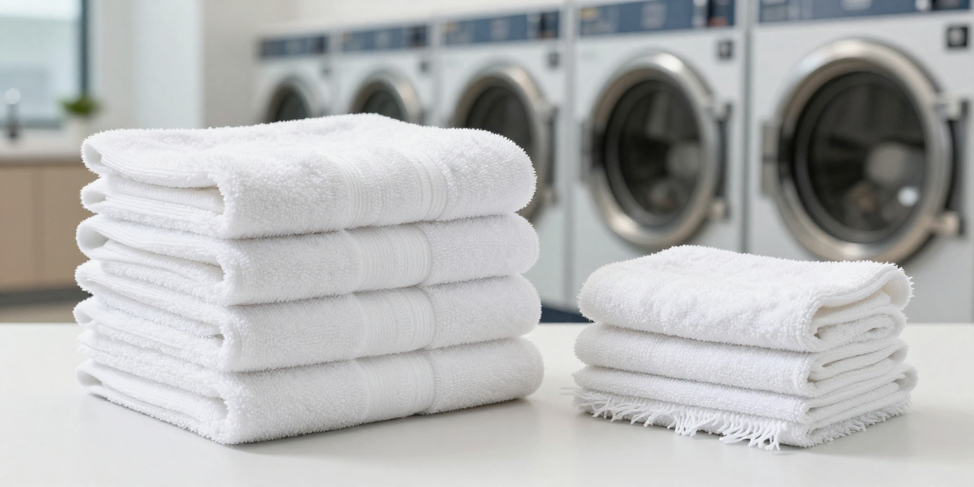 Hotel laundry room showing thick plush towels beside thin frayed towels to illustrate how to prevent towel damage in hotels.