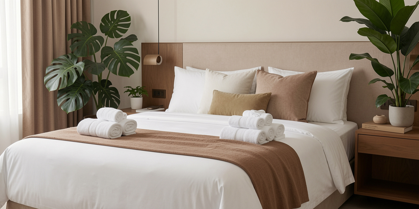 Eco-friendly luxury hotel room with green hotel linen, organic cotton sheets, and sustainable bedding setup