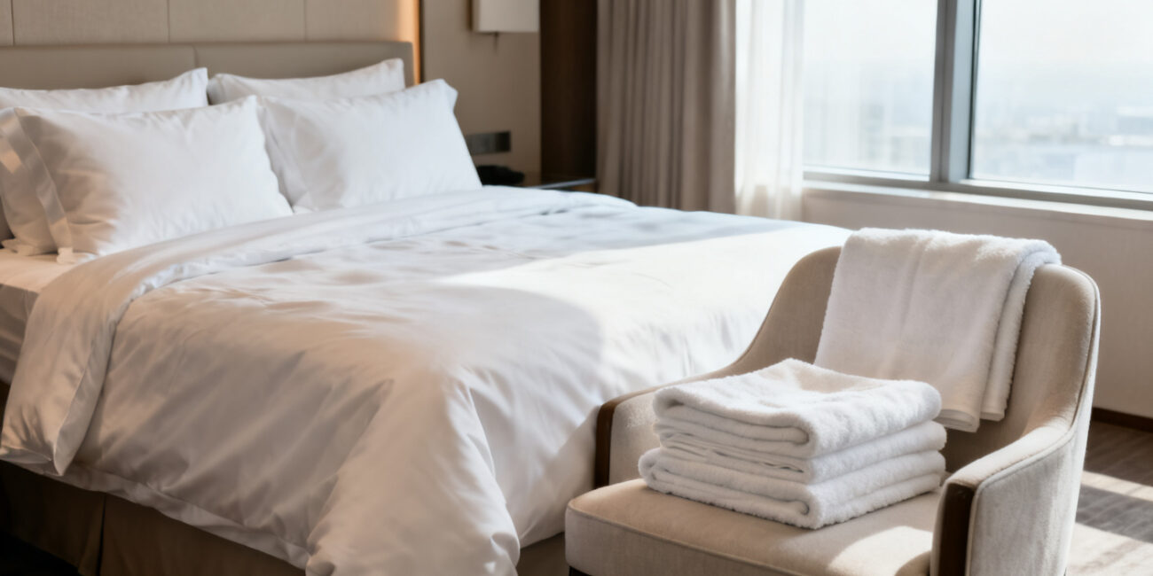 Clean hotel room with fresh white linens and towels showcasing hotel textile hygiene standards and safety