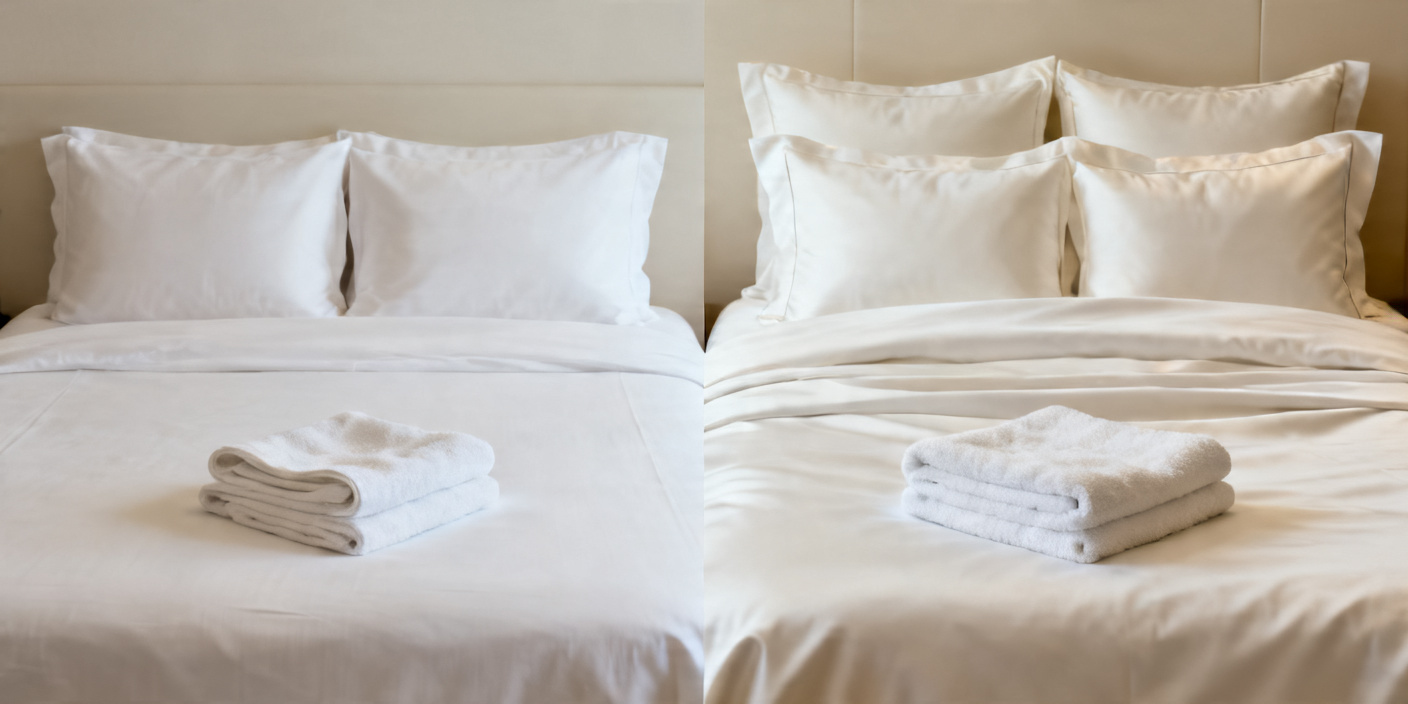 Comparison of hotel linen quality in 3-star vs 5-star hotels, showing basic bedding versus luxury high-thread-count linens and plush towels in a premium room setting.