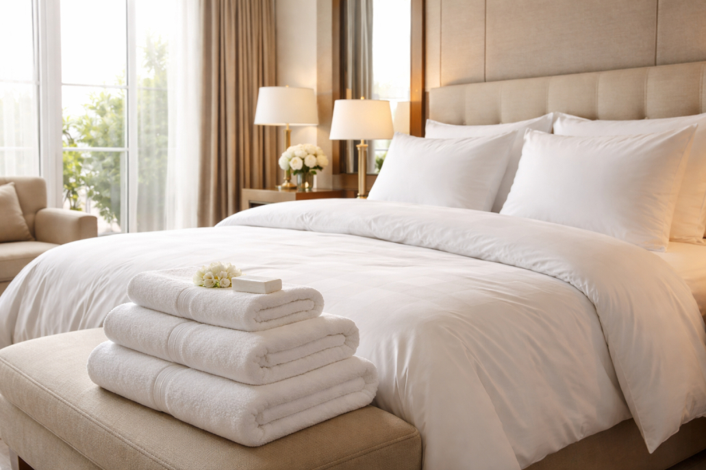 Neatly stacked white towels on a bed with crisp hotel linens in a bright, modern bedroom, showcasing cleanliness and luxury hospitality standards