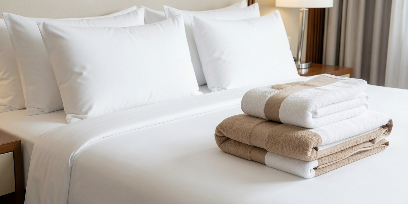 A crisp, white hotel bed with plush pillows and a stack of folded towels, featuring a quality assurance card that details Hospitality Linen Standards such as thread count and fabric durability.