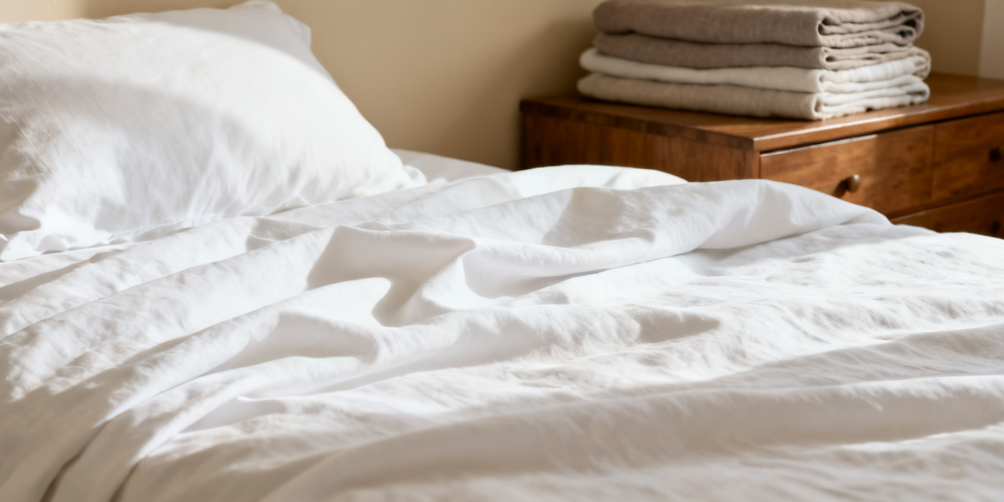 Luxury hotel linen on a freshly made bed with crisp white sheets and pillows
