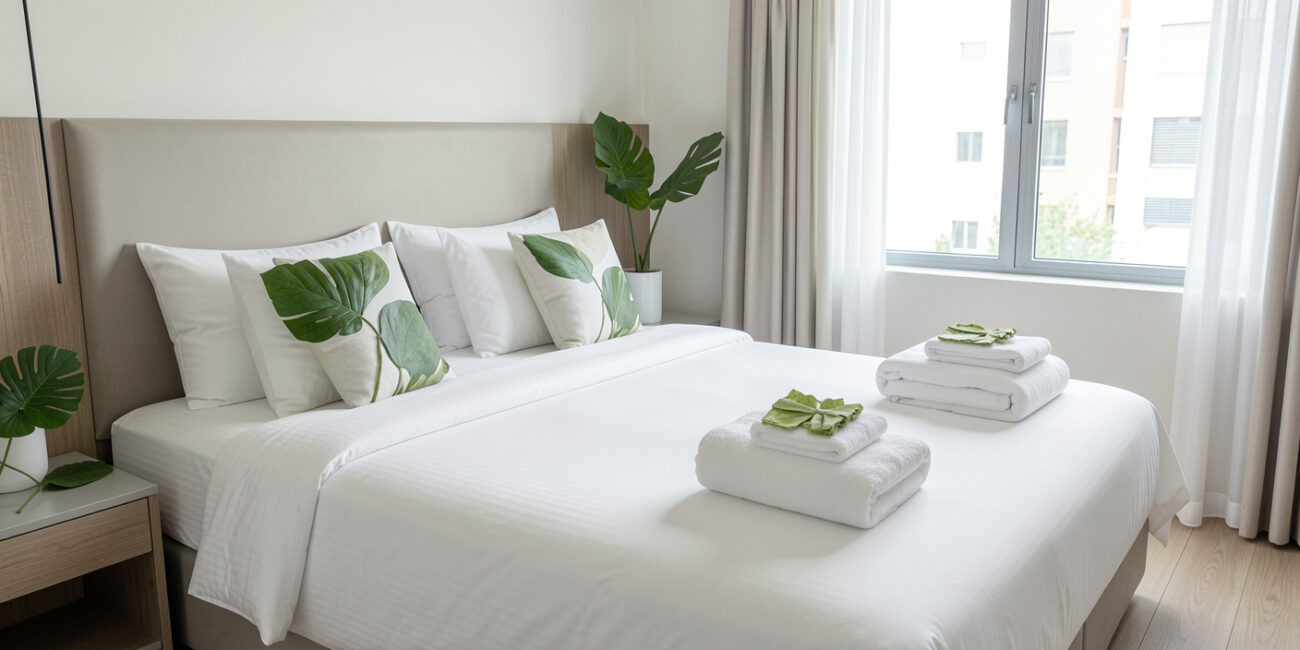 Modern room with green accents and linens.