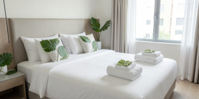 Modern room with green accents and linens.