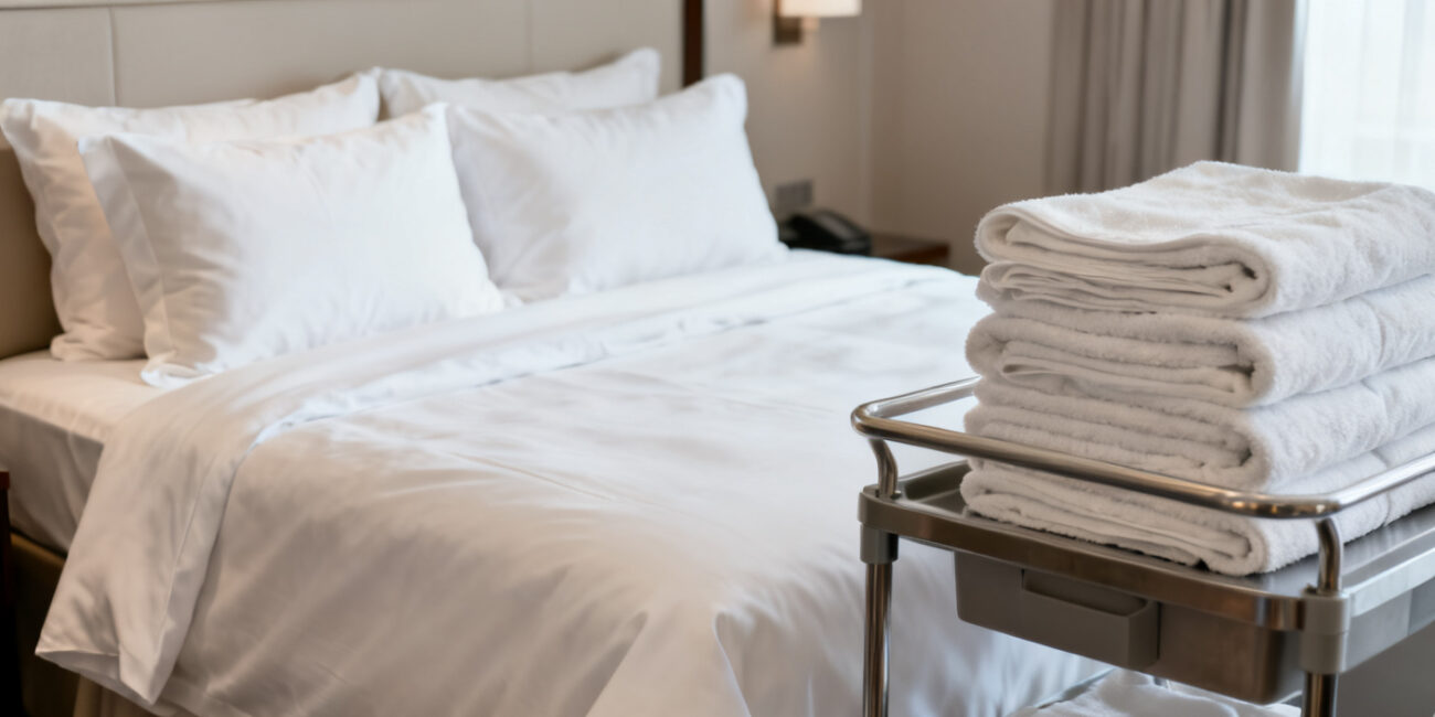 Neatly arranged white hotel linen with soft towels and a perfectly made bed in a clean modern hotel room highlighting hotel linen quality and hygiene standards