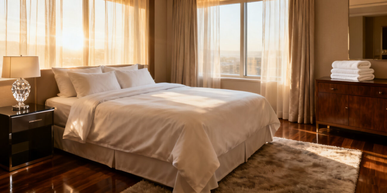 White hotel linen on a neatly made hotel bed with clean white towels, showcasing cleanliness, comfort, and premium hospitality standards.