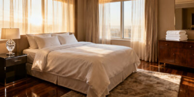 White hotel linen on a neatly made hotel bed with clean white towels, showcasing cleanliness, comfort, and premium hospitality standards.