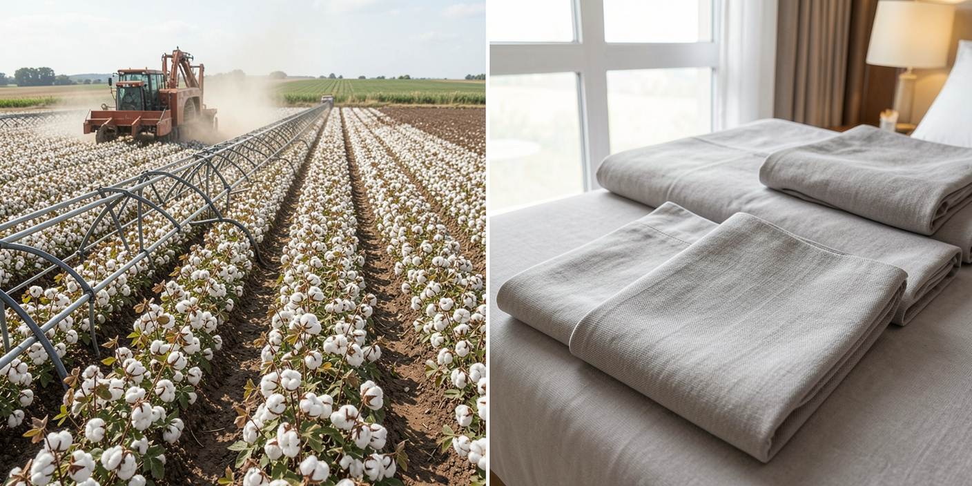 A two-panel image showing cotton being harvested in a field on the left and finished grey organic hotel cotton bedding on a bed on the right.