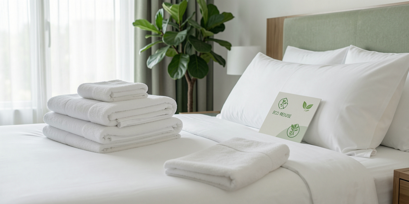 Neatly arranged towels on hotel bed.