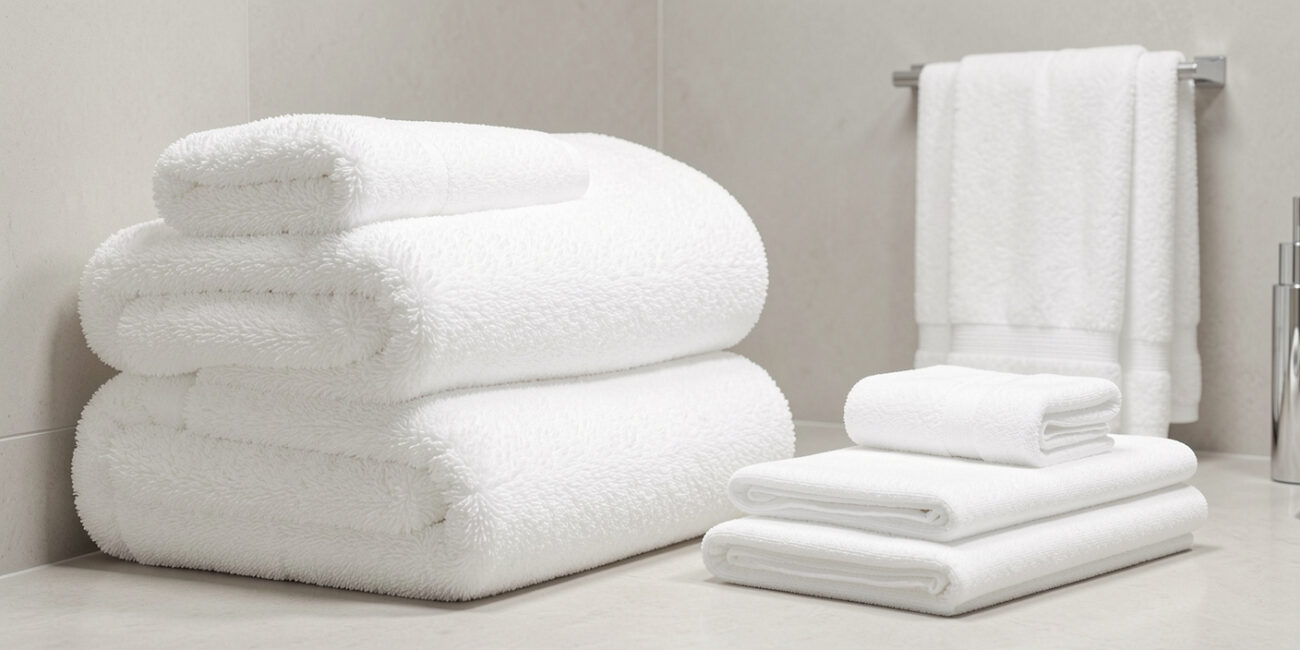 Comparison of thick and medium weight white towels in a luxury hotel bathroom showcasing hotel towel quality and texture differences 1