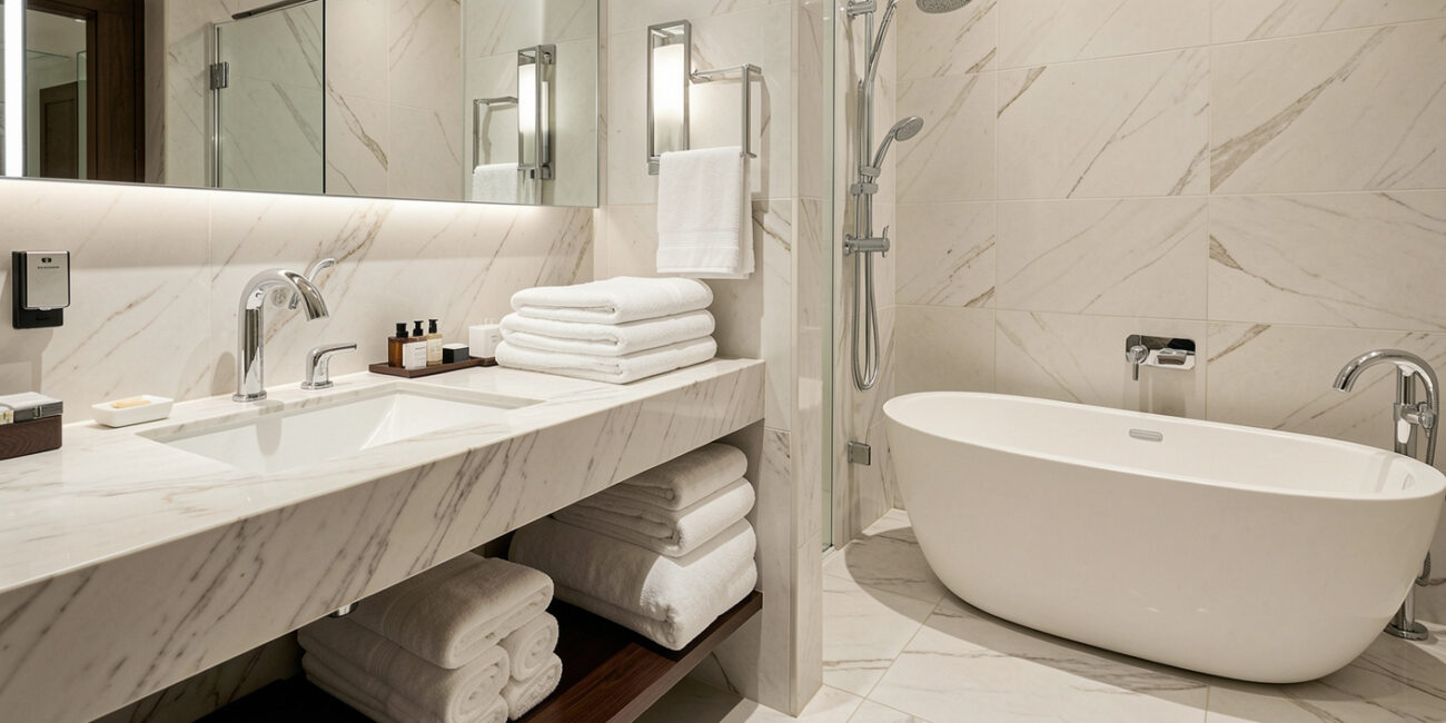Luxury white hotel towels in an elegant hotel bathroom showcasing hotel towel differences in softness texture and quality
