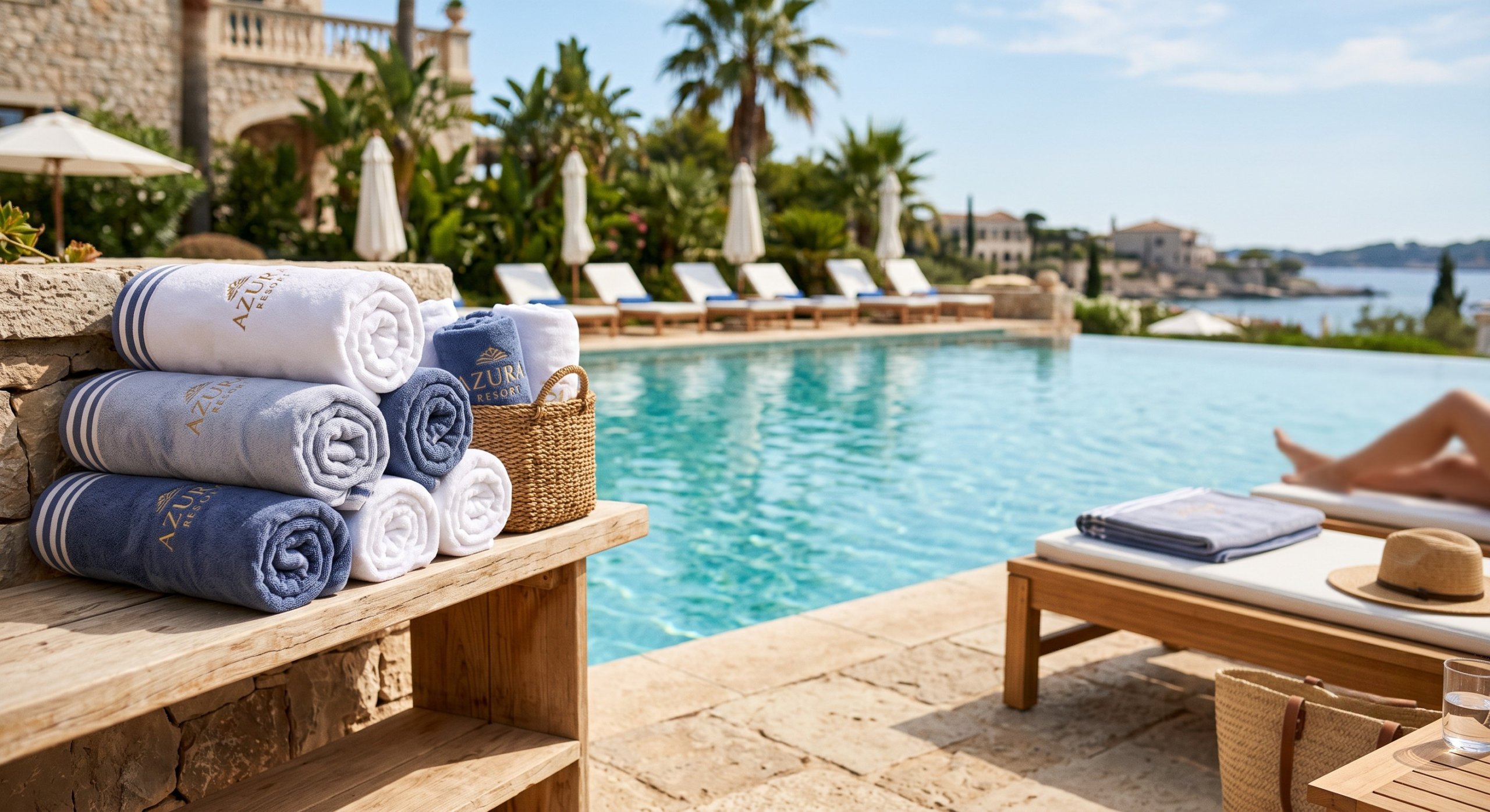 Hotel pool towels wholesale UAE stacked at a luxury resort poolside