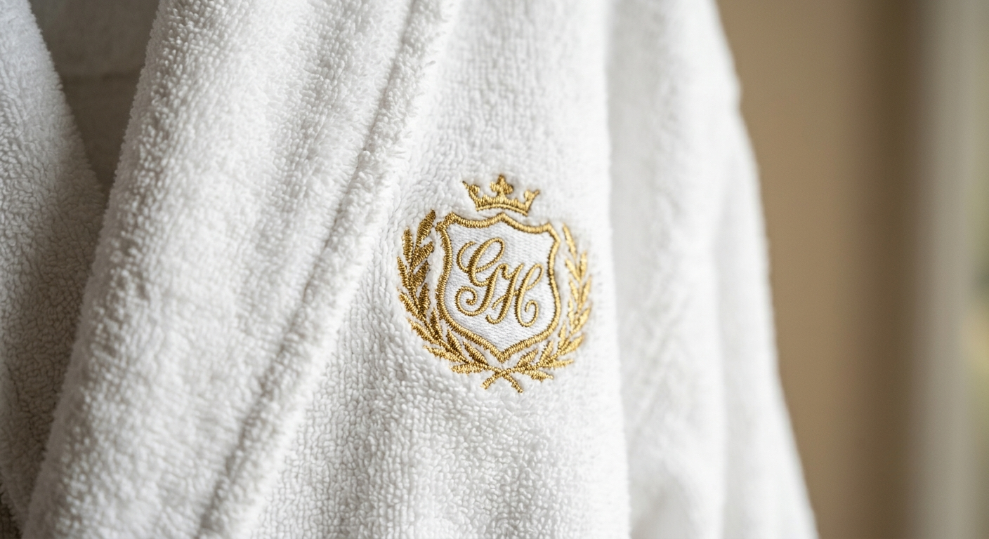 Close-up of embroidered hotel logo on white terry bathrobe collar
