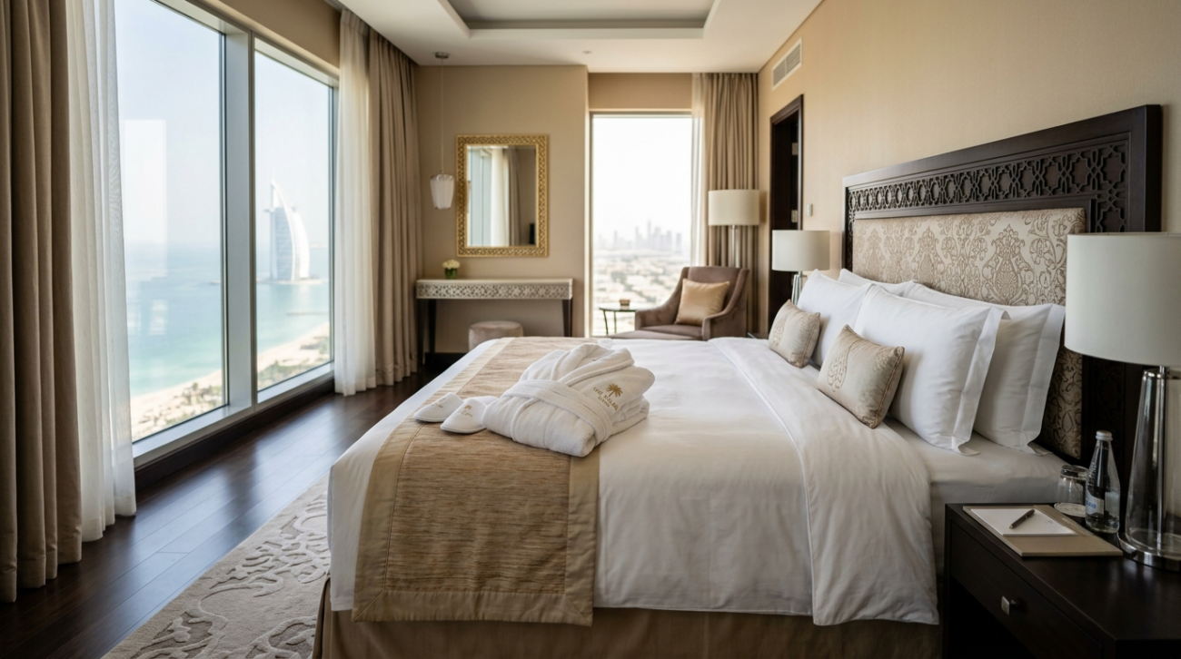 Folded white hotel bathrobes stacked on a luxury resort bed