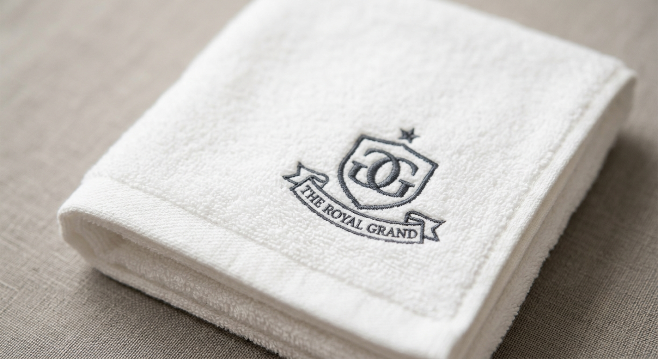 Embroidered branding detail on wholesale hotel face towels
