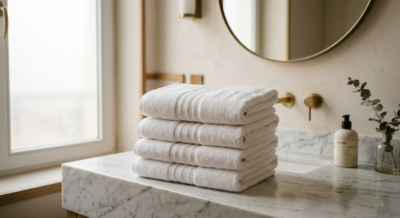 Hotel face towels wholesale UAE neatly folded on a marble counter