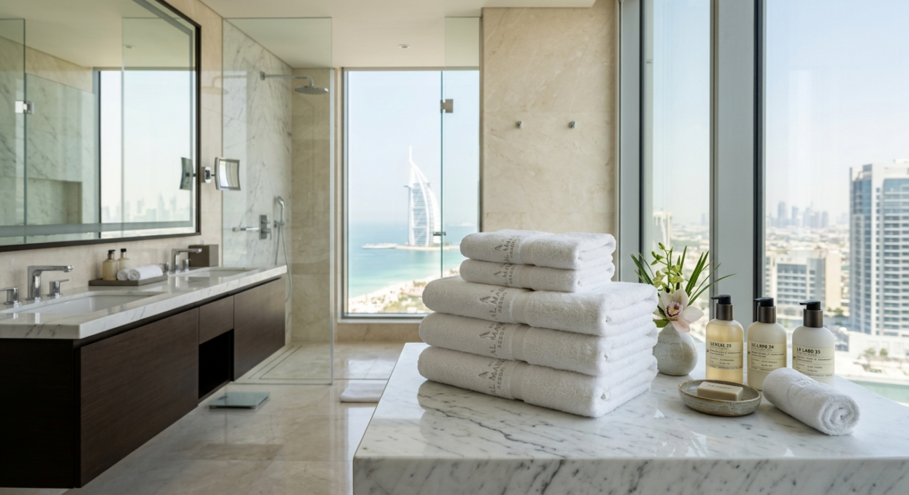 Hotel Bath Sheets: A Supplier's Guide to Sizing, GSM & MOQs 3 Hotel bath sheet supplier UAE — folded luxury bath sheets in a modern hotel bathroom
