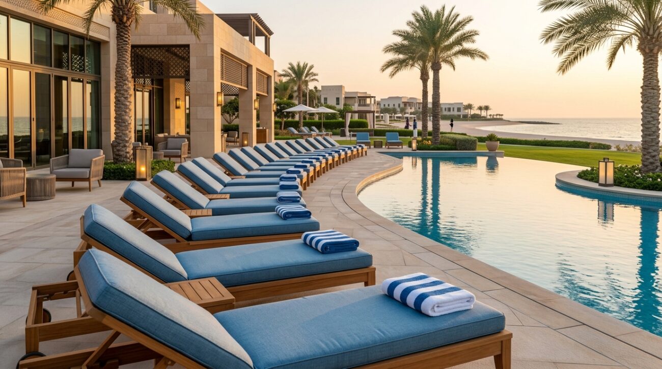 Beach Resort Pool Towels: What 5-Star Resorts Look for in a Bulk Supplier 2 Luxury UAE beach resort pool deck with premium pool towels