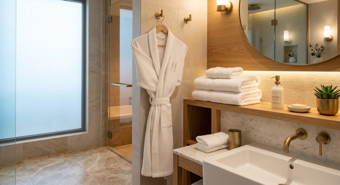 Hotel Apartment vs Serviced Apartment: What Changes in Your Linen Order 1 Modern hotel apartment bathroom with a folded bathrobe hanging beside neatly stacked towels, warm ambient lighting, upscale styling