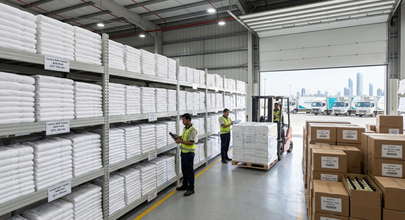 Warehouse with organized shelving of folded towels prepared for bulk delivery, UAE commercial logistics setting, bright industrial lighting