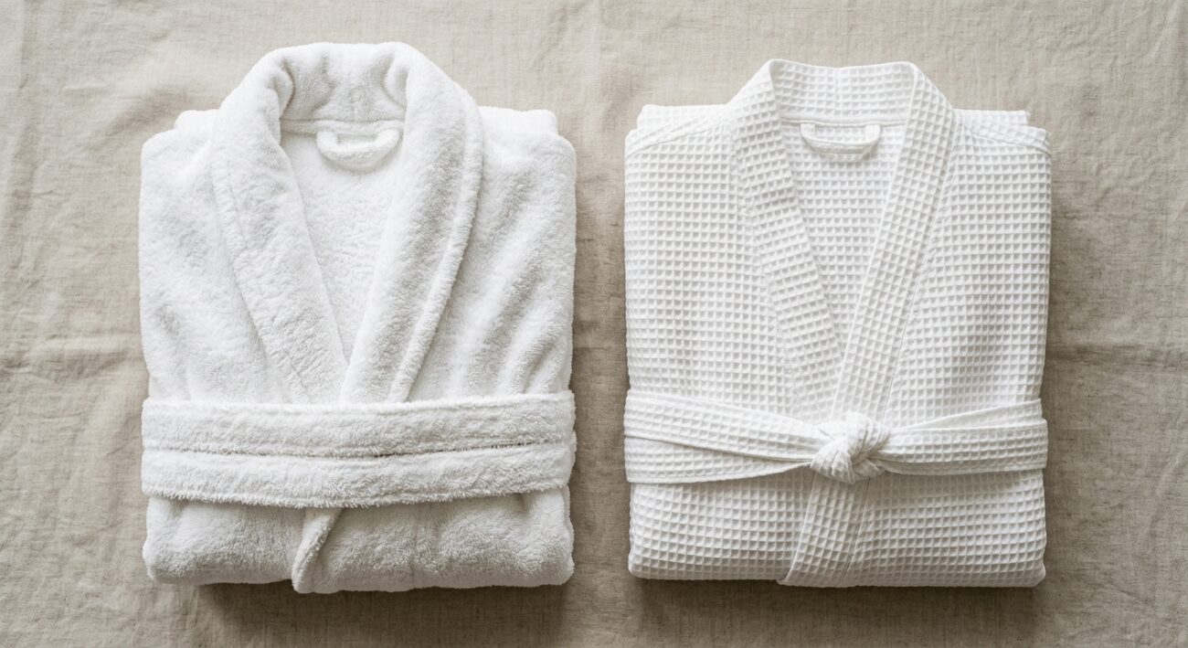 Buying Hotel Bathrobes and Towels in Bulk: A Middle East Guide 1 Terry cloth versus waffle weave hotel bathrobe fabric comparison