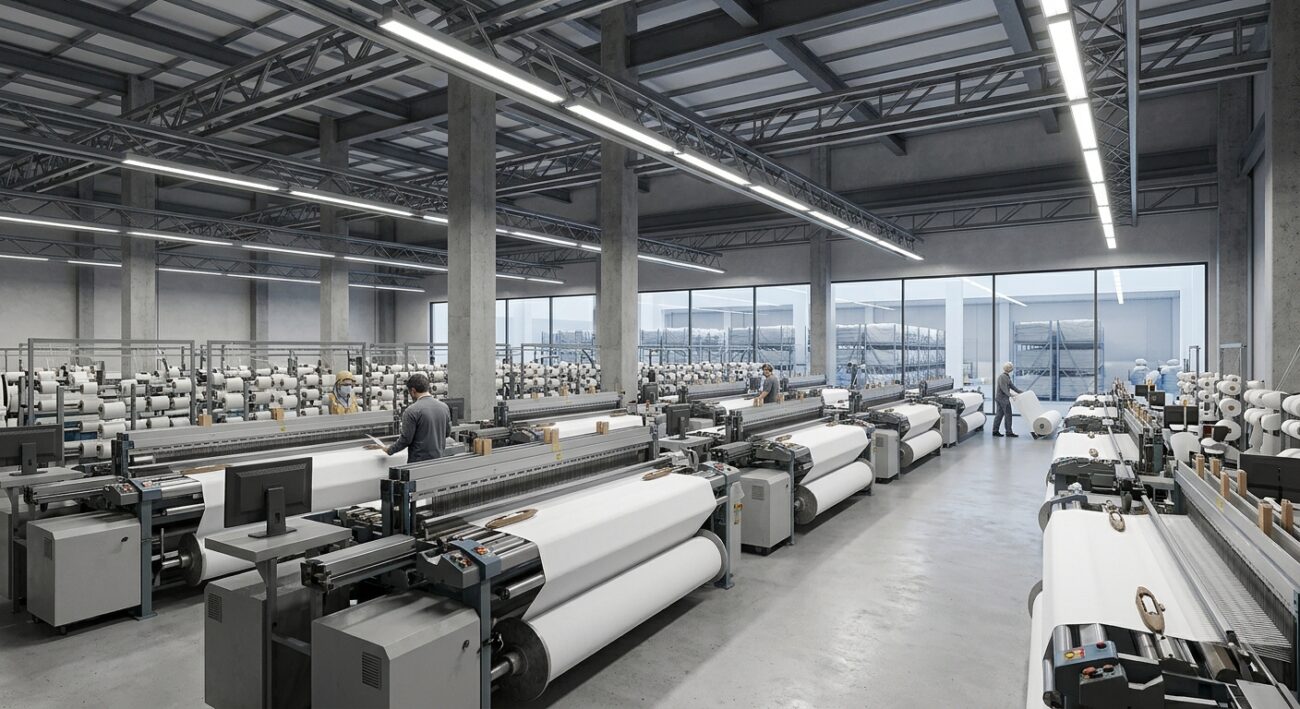 Interior of a modern textile manufacturing facility with rows of industrial looms producing white fabric, bright factory lighting, no people's faces visible, no text or logos