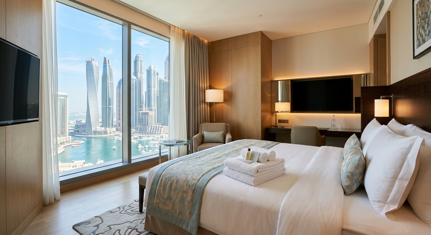 Modern Dubai hotel room interior with neatly folded white towels on the bed, city skyline visible through window, bright daylight, luxury hospitality styling, no text or logos