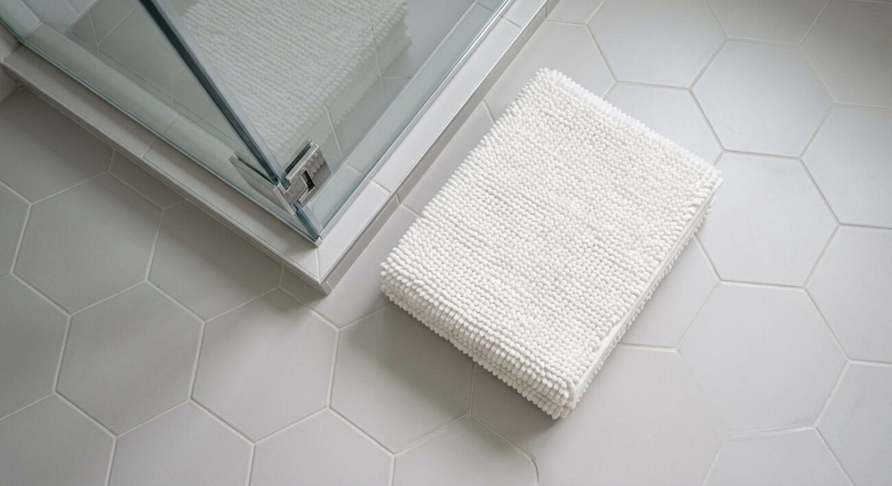 Bath Mats for Hospitality: Slip-Resistance, Absorbency & Bulk Sourcing UAE 2 Overhead flat-lay shot of a folded bath mat placed beside a shower entrance on tiled bathroom flooring, minimal styled composition