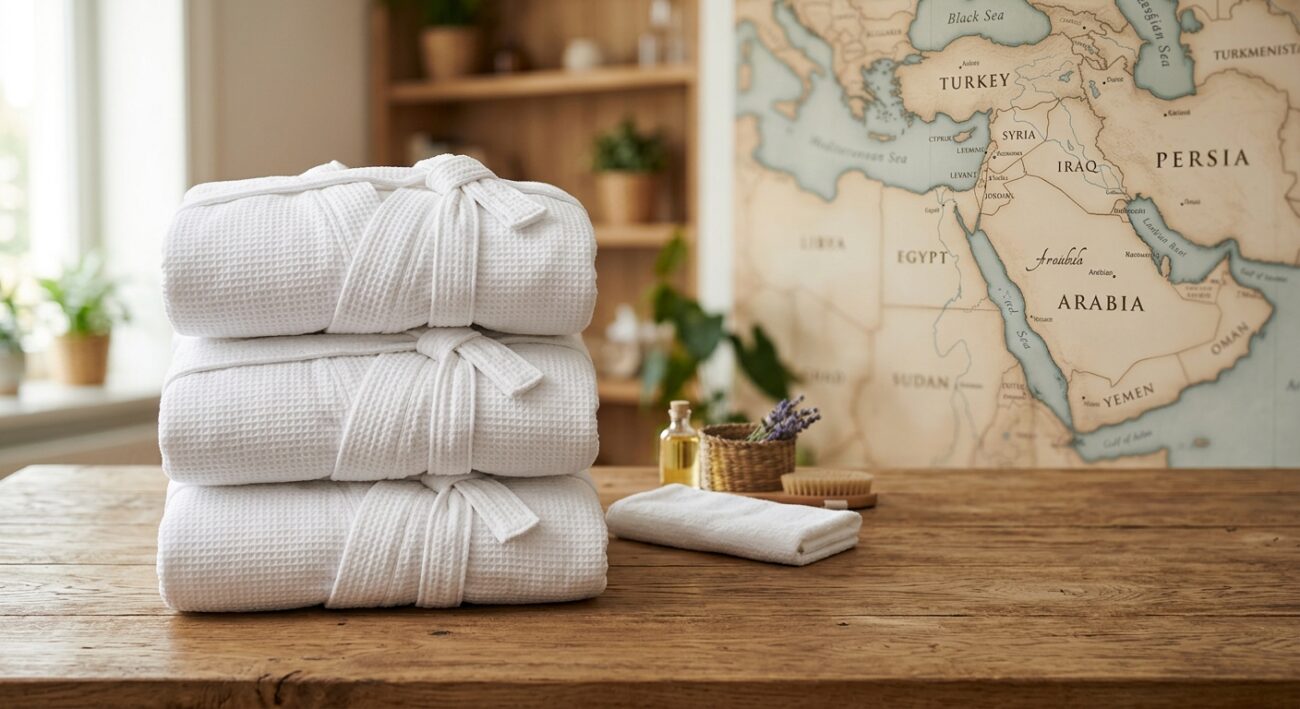 Flat-lay of folded white bathrobes arranged neatly on a large table with a subtle Middle East map or globe motif in soft focus background, professional commercial photography style, no text