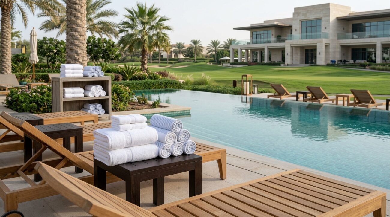 Luxury golf resort pool with premium pool towels in UAE