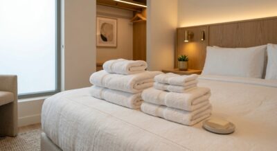 Neatly folded bath sheets and hand towels arranged on a bed in a modern serviced apartment interior, warm home-like lighting, no people, no text or logos