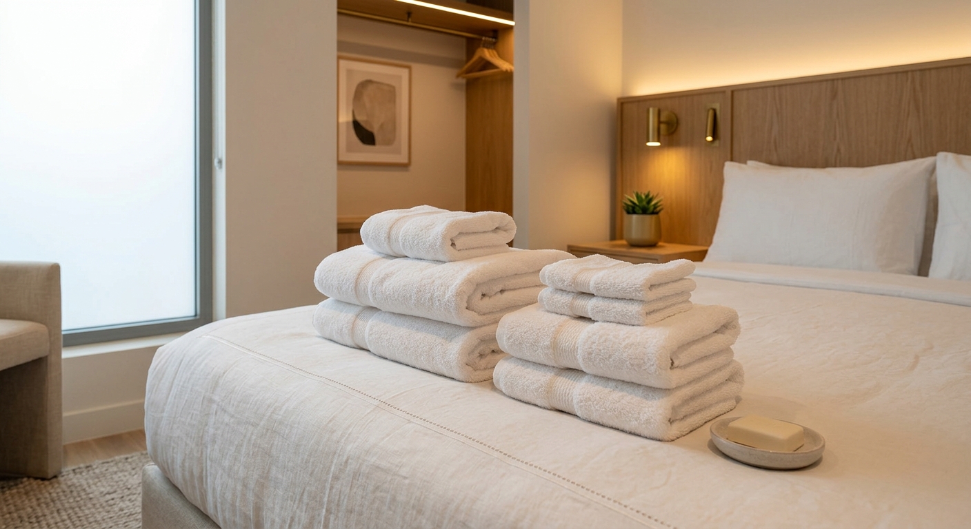 Neatly folded bath sheets and hand towels arranged on a bed in a modern serviced apartment interior, warm home-like lighting, no people, no text or logos