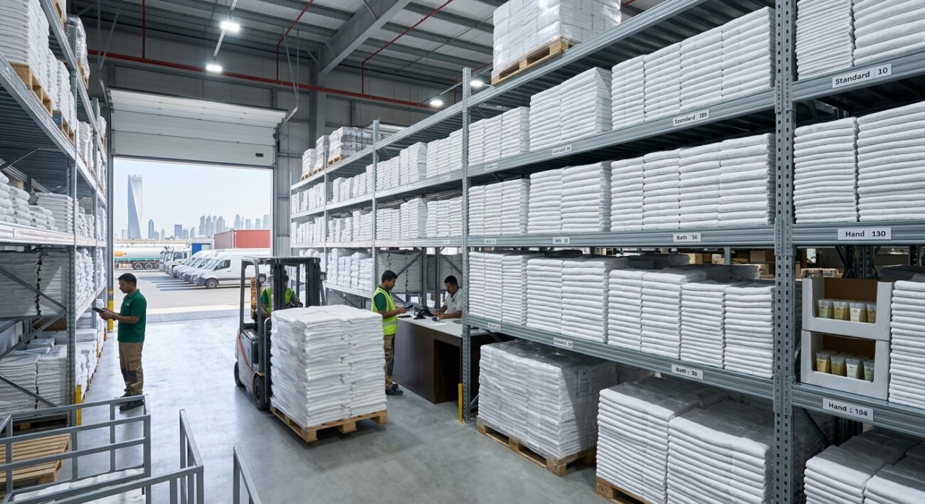 Warehouse shelving stacked with folded hospitality towels ready for bulk delivery, bright industrial lighting, UAE commercial setting