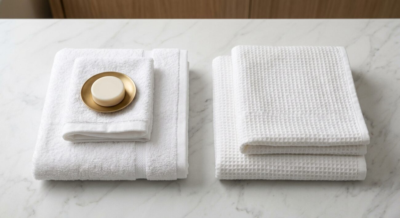 Hotel Apartment vs Serviced Apartment: What Changes in Your Linen Order 2 one side shows a folded white bathrobe and towel set on a hotel-style bed, other side shows a plain folded towel set on a residential-style apartment bed, subtle visual contrast, no text or logos