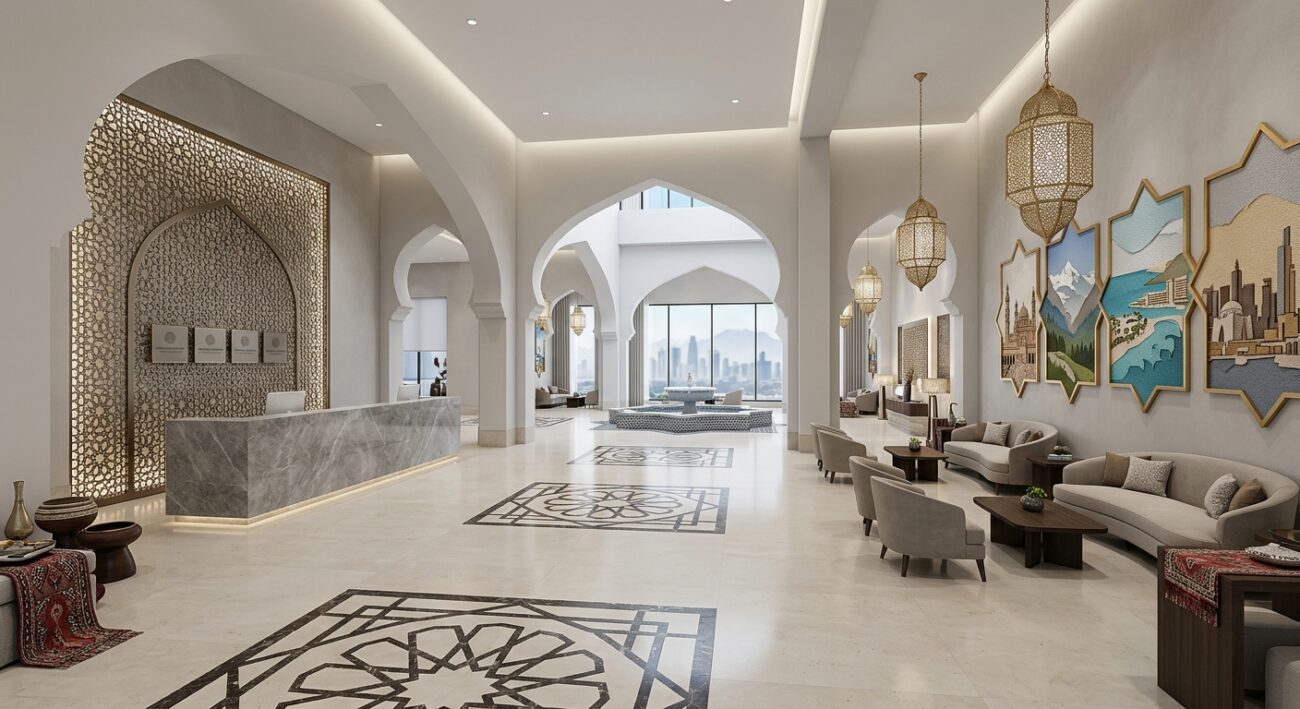 Modern hotel lobby interior with a subtle Middle Eastern architectural influence, representing a multi-property hotel group setting, no people, no text