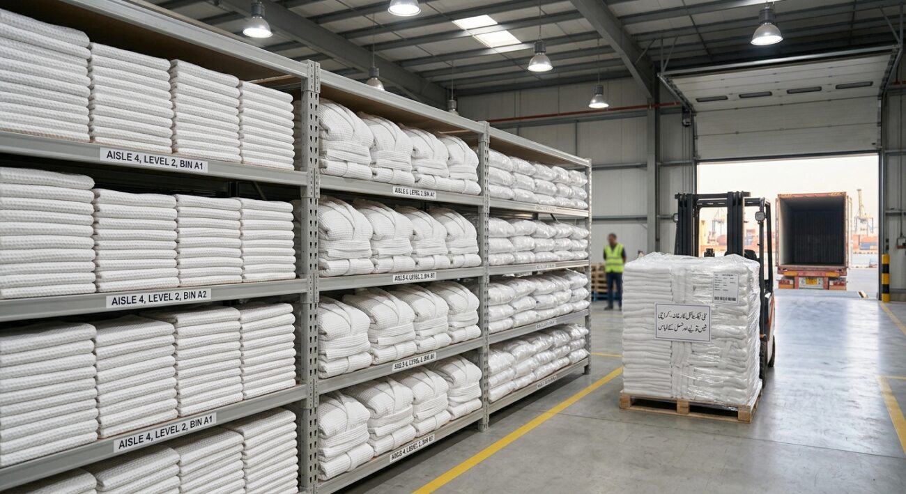 Manufacturer vs Trader: Why Direct-from-UAE Sourcing Matters for Bulk Buyers 2 Neatly organized factory shelving with finished folded face towels and bathrobes ready for bulk shipment, clean commercial warehouse setting