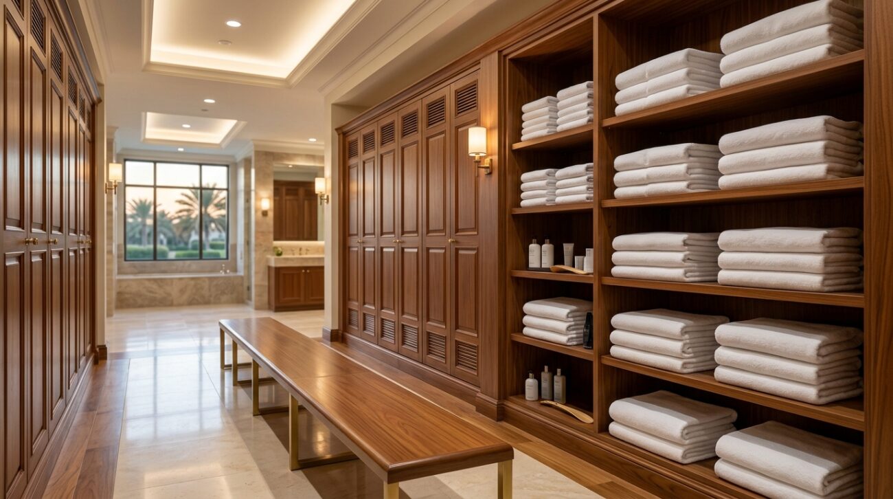 Golf resort locker room with commercial hand towels and bath towels