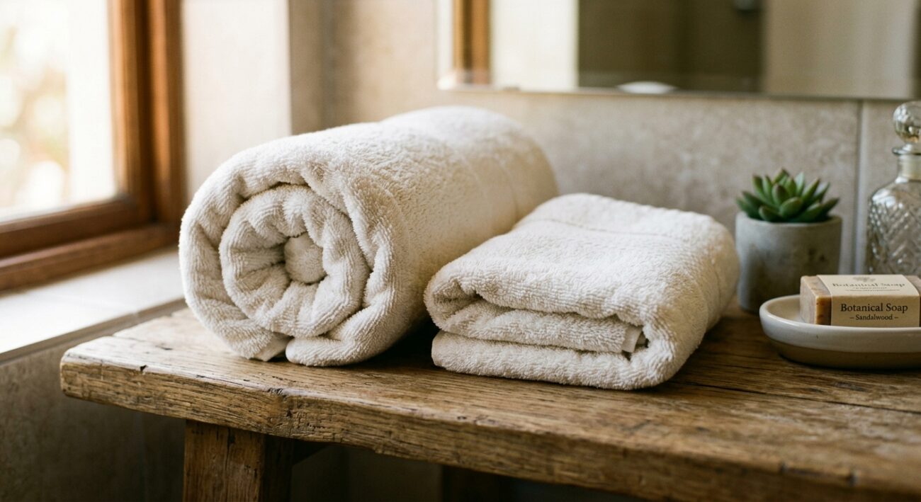 Boutique Hotel Towel Sets: Curating a Premium Guest Bathroom Experience 1 Close-up of a rolled bath towel and matching folded face towel set placed on a wooden shelf, boutique interior styling, soft natural light