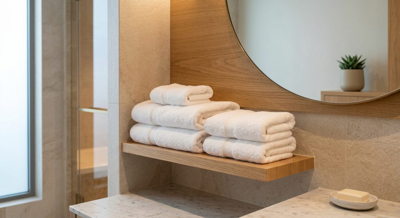 Hotel Apartment vs Serviced Apartment: What Changes in Your Linen Order 2 Clean, minimal apartment bathroom shelf with folded bath towels only, no robe, residential-style interior, soft daylight
