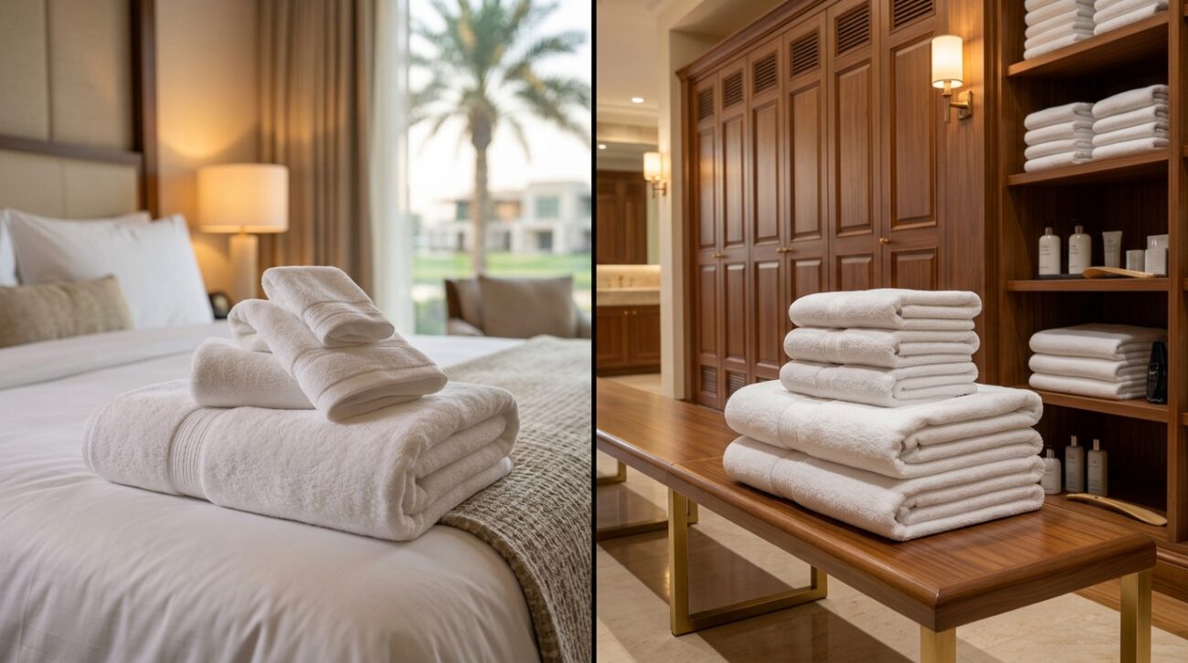 Golf resort guest room and locker room towels with different specifications