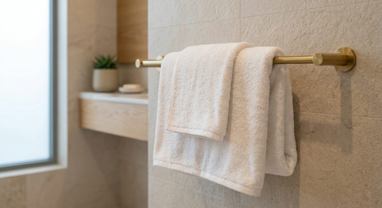 Serviced Apartment Towel Supply: Long-Stay Guest Requirements Explained 1 Close-up of a large plush bath sheet folded over a towel rack in a contemporary apartment bathroom, soft natural daylight