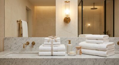 Elegant boutique hotel bathroom with neatly folded plush white bath and face towels on a marble counter, warm designer lighting, minimal styled composition, no text or logos