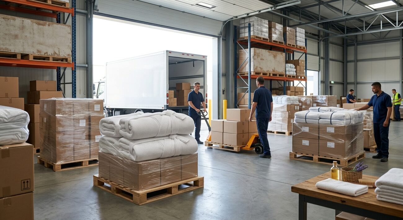 Warehouse loading dock with palletized boxes of hotel linens being prepared for regional export, bright industrial daylight, no visible branding or text