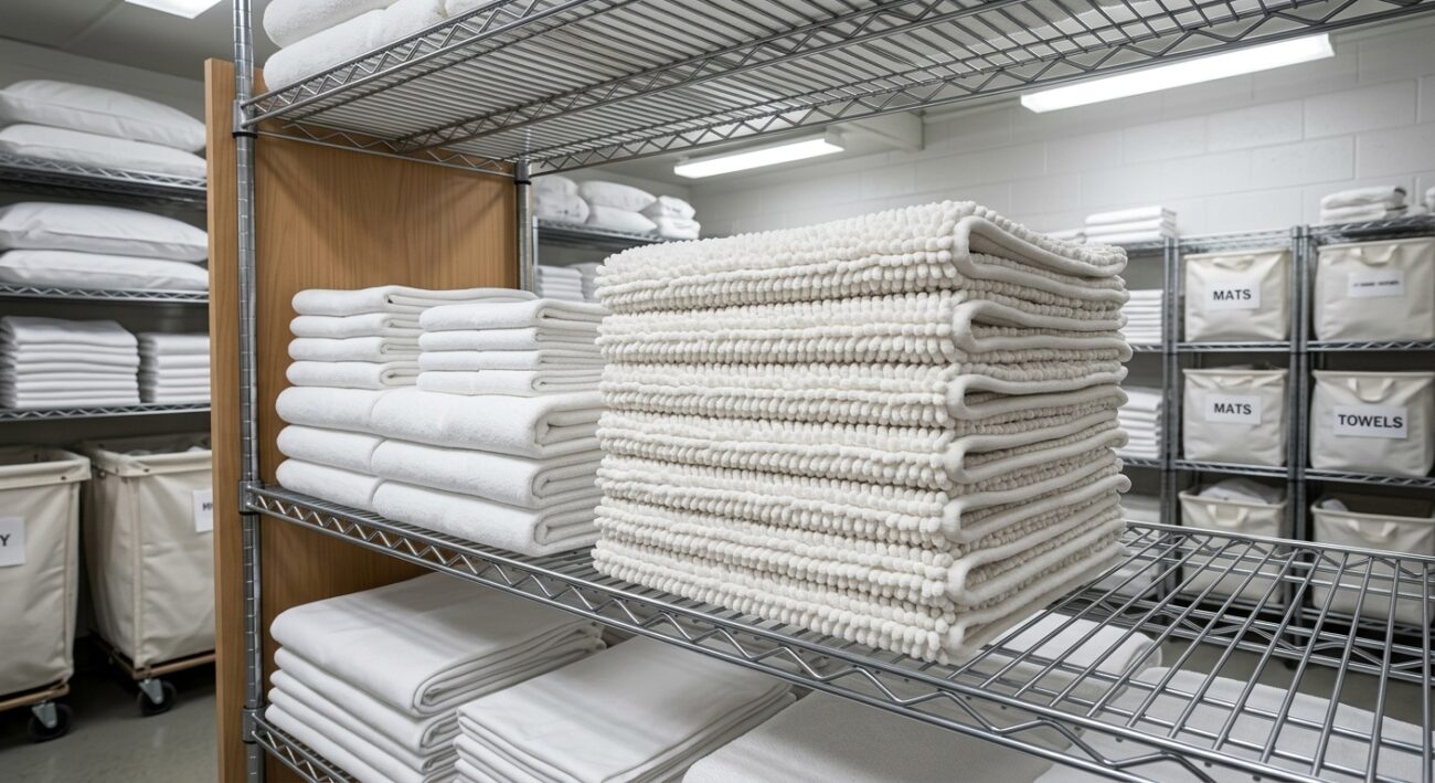 Bath Mats for Hospitality: Slip-Resistance, Absorbency & Bulk Sourcing UAE 1 Neatly folded stack of white bath mats on a shelf alongside folded towels in a hotel linen storage room, clean commercial styling