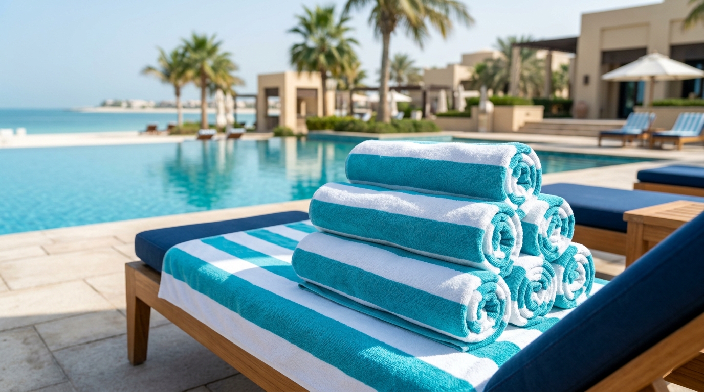 Beach resort pool towels supplied in bulk by a UAE towel supplier