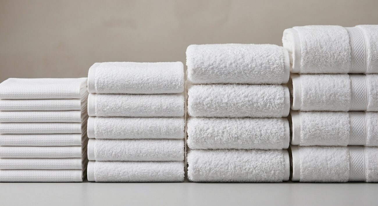 Close-up of a folded stack of bath towels in varying weights arranged side by side, showing texture differences, neutral studio background