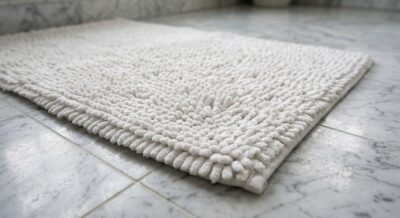 Close-up of a thick white cotton bath mat with visible loop-pile texture on a marble bathroom floor, soft natural lighting, no people or text